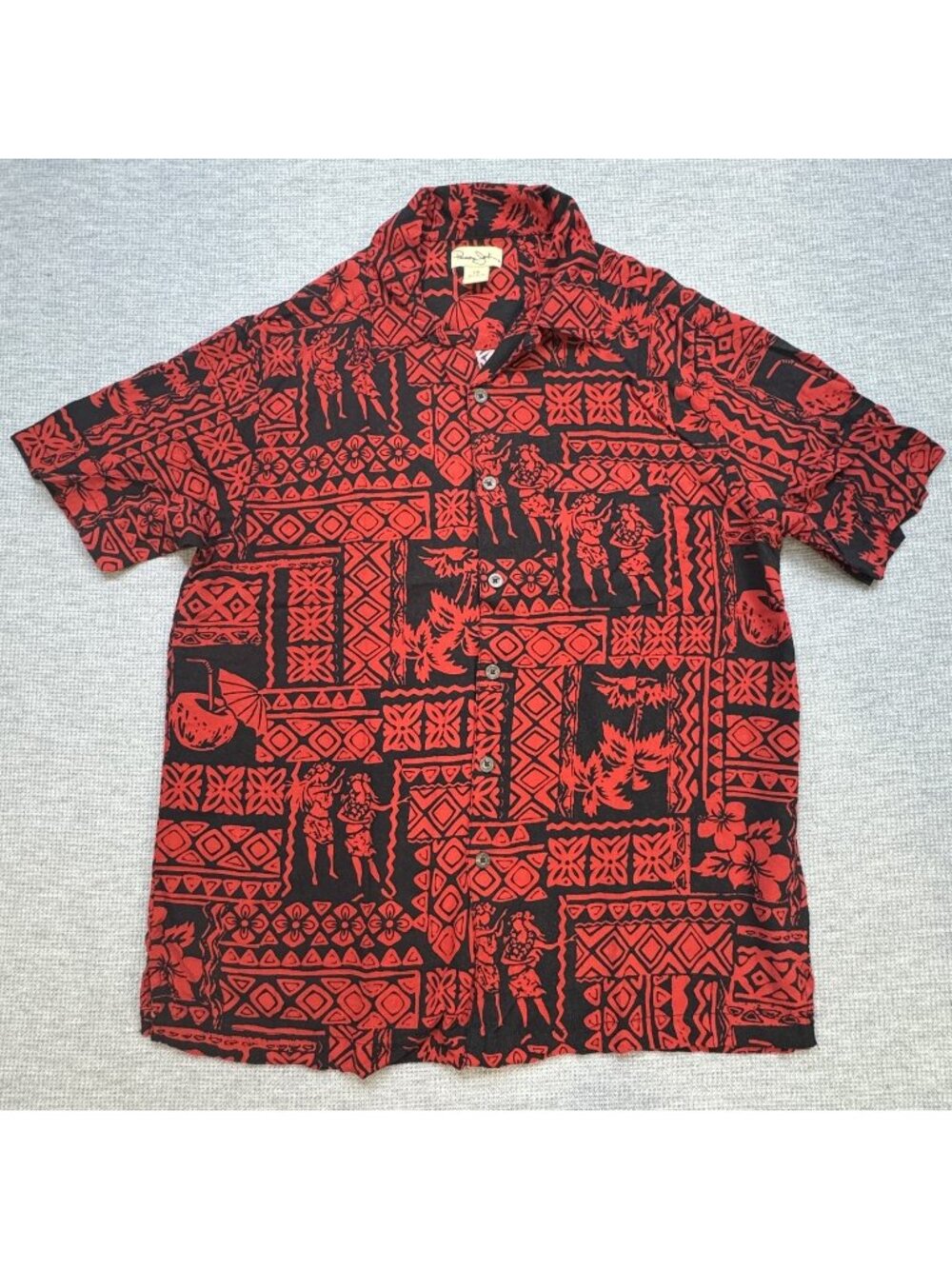 Panama Jack Hawaiian Shirt Mens Sz L Red Geometric Short Sleeve Hula Girl Rayon